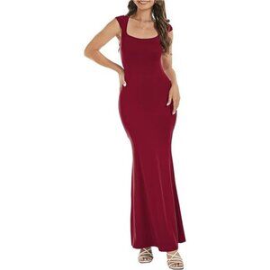 Womens Square Neck Elegant Long Dress Wine Red